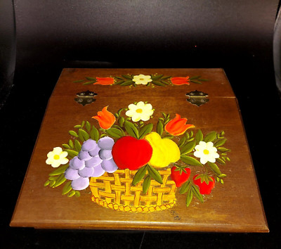 Vintage Wood Slant Top Lap Writing Stationery Desk Box flower basket Painting