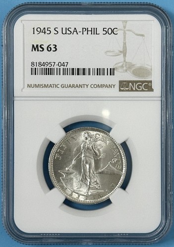 Philippines US 1945 S 50 Centavos Silver Coin Nice White BU NGC MS 63 KM# 183