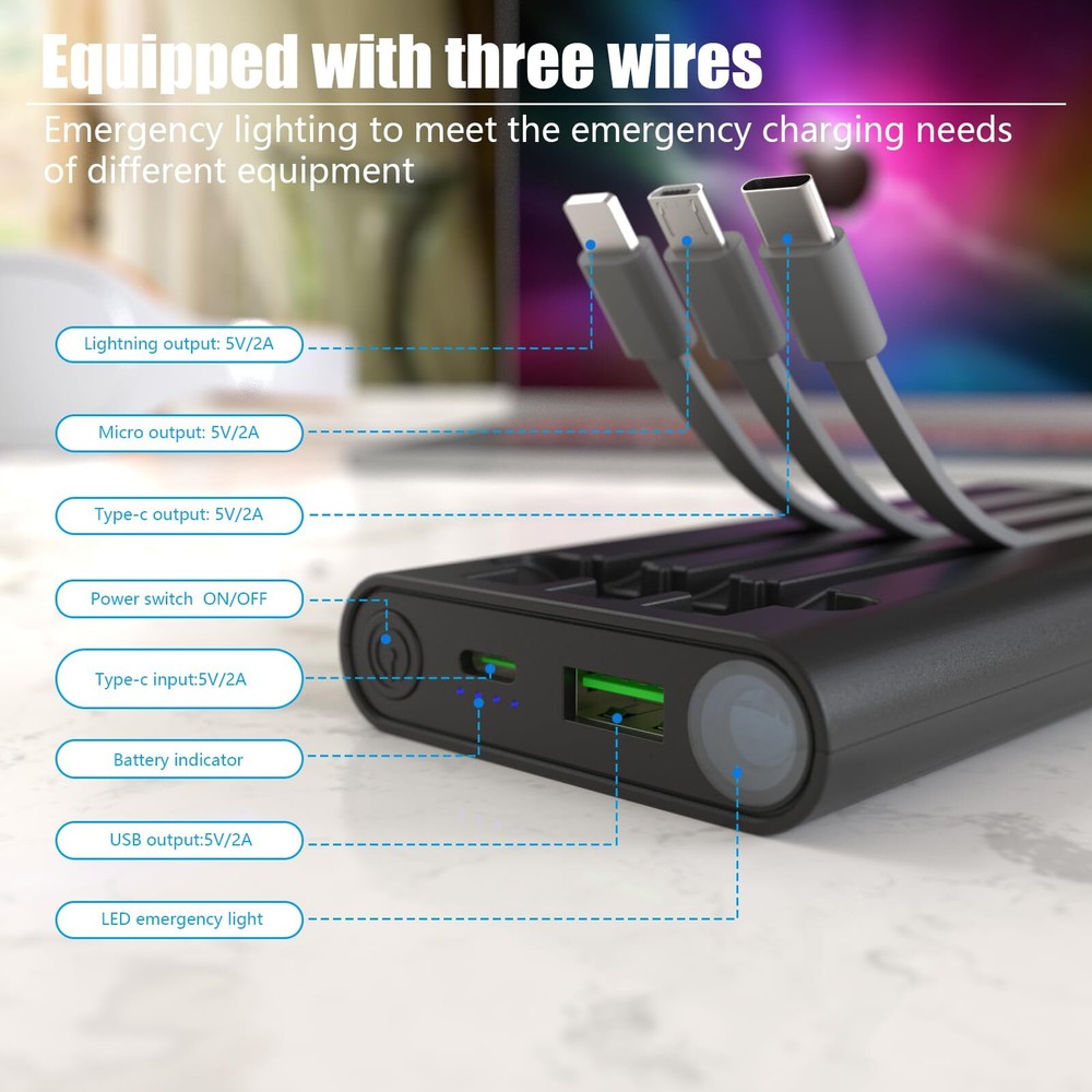 10K mAh Power Bank with Built-in USB C Cable - Fast Portable Charger  