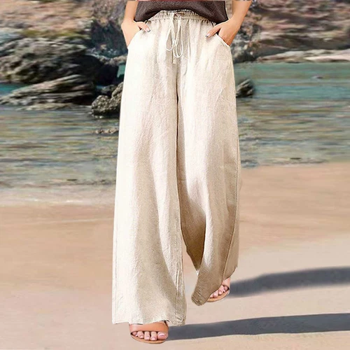 Women Cotton Linen Pants Solid Wide Leg Casual Loose Pants High Waist Trousers - Bild 9 von 36