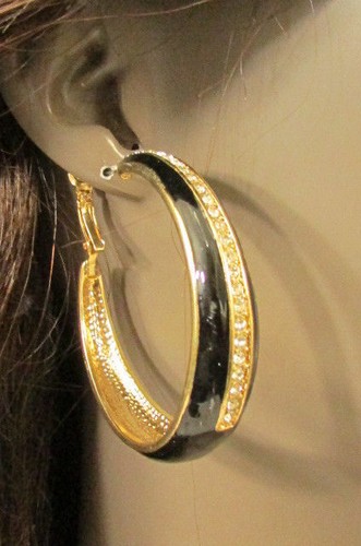 New Women Earrings Set Dangle Fashion Casual Hoops Black Gold Metal Rhinestones - Picture 4 of 12