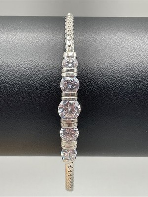 Sterling Silver & Cubic Zirconia 7.5'' Chain Bracelet Signed JC