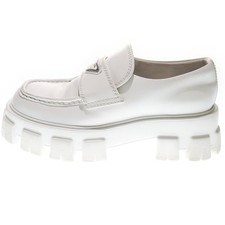 PRADA Monolith Pointy Brushed Leather Loafers Triangle Logo Plate White Used 47b
