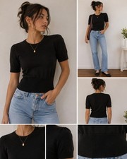Ribbed Short Sleeve M Black Fitted Short Sleeve Lightweight Sweater