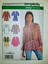 Simplicity 2310 Tunic Top Tie Belt Vest Sewing Pattern Ladies 6 8 10 12 14 16 18