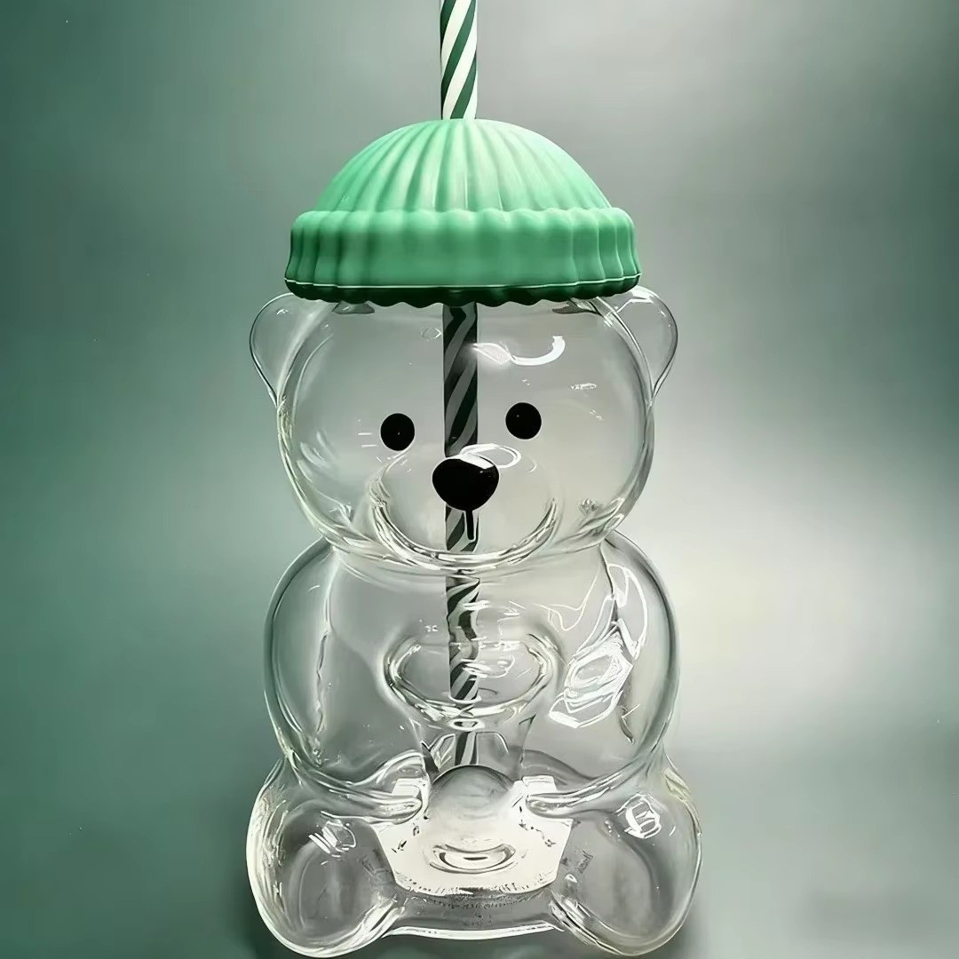 2026 Xmas New Glass Bear Cold Cup With Straw 20oz Mug Jar Coffee