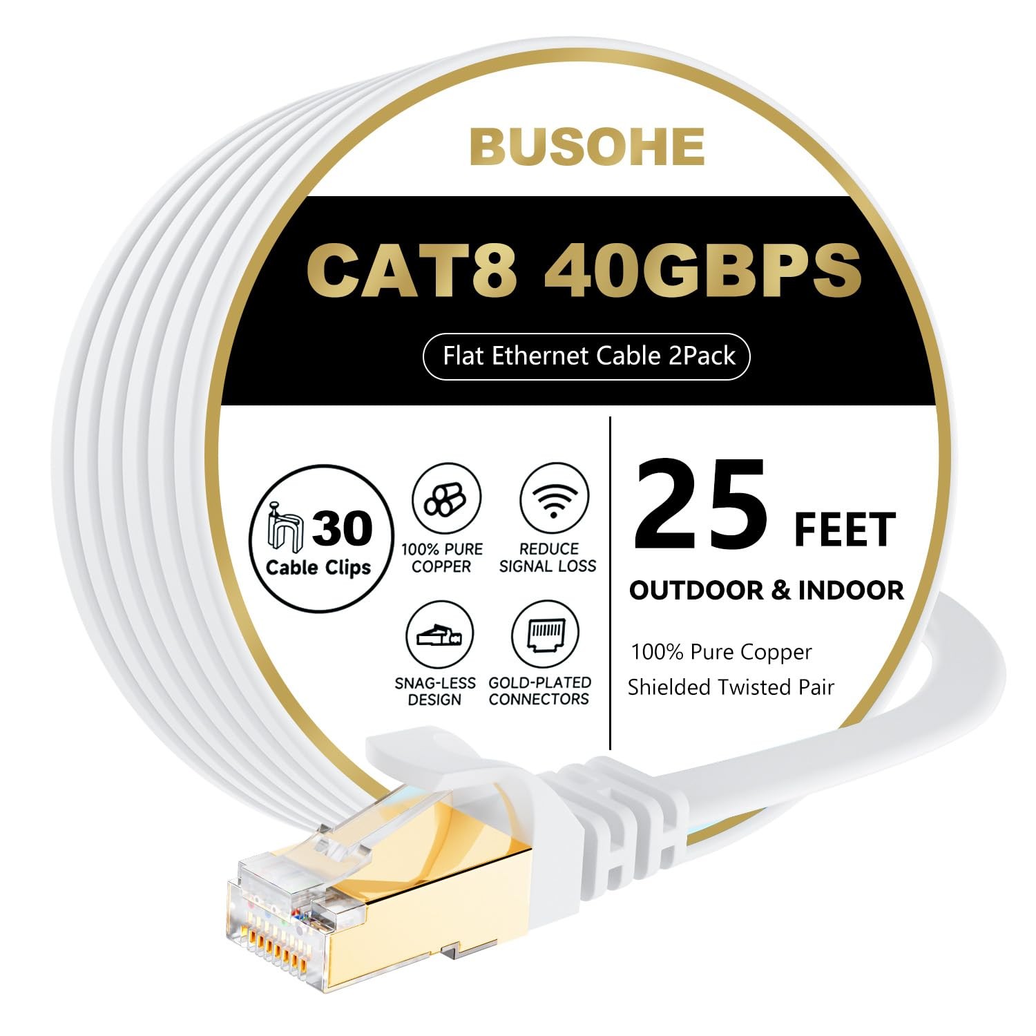 Cat 8 Ethernet Cable 25 FT 2Pack, 40Gbps 2000Mhz High Speed Flat Cat8 Cable P...