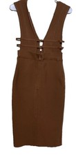 Brown Bodycon Dress Deep V Zip Back Stretchy Cocktail Party Midi Women’s S