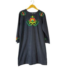 Madison Mathews Corduroy Embroidered Blue Shift Dress Sz MD 3/4 Sleeve Boho