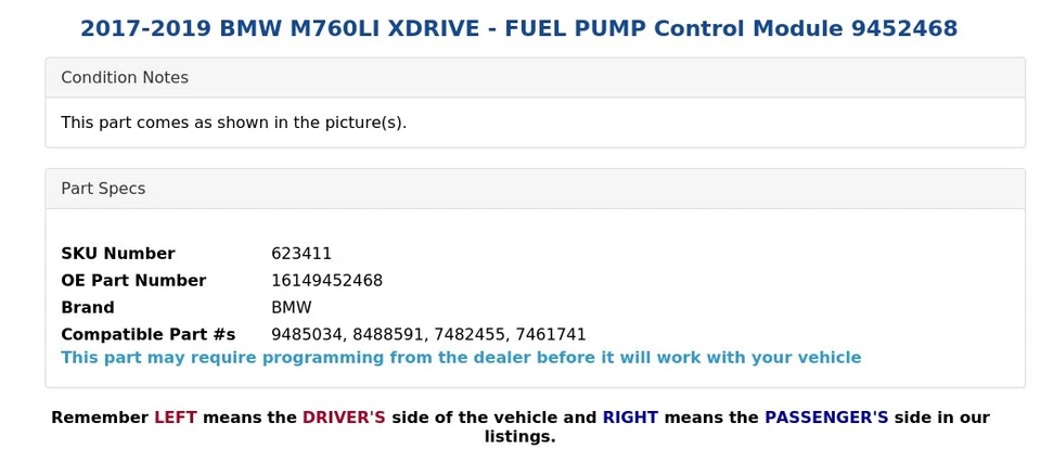 BMW M760LI XDRIVE 2017-2019 - Módulo de control bomba de combustible 9452468 Foto 4 de 4