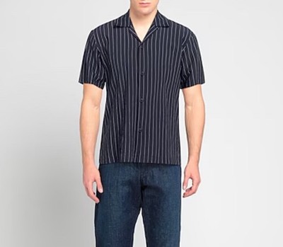 NWT Sandro Men s Camp Collar Marine Short Sleeve Button Up With Pinstripe Size S