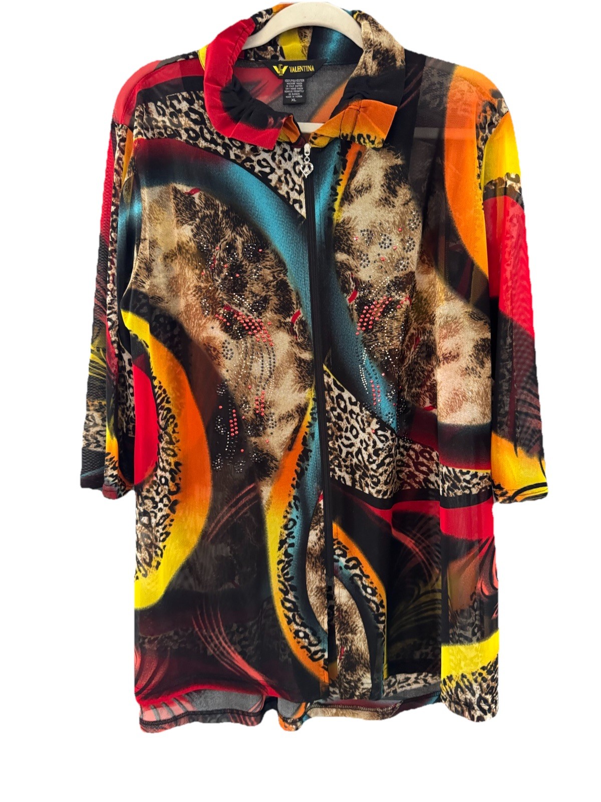 Valentina Mesh Zip Up Top Animal Abstract Rhinestone Retro Bright Fun Size XL