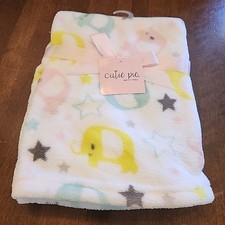 Cutie Pie Baby Blanket Plush White Blue Yellow Aqua Elephant Stars Soft Lovey