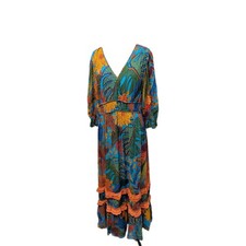 Farm Rio Blue Floral Puff Sleeve Tiered Ruffled Maxi Dress Size S Peasant Boho