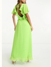 ASOS Design Frill Detail Wrap Maxi Dress Size 26 Lime Green V Neck Swiss Dot