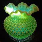 Fenton Hobnail Dbl Crimp 5" T & Dia Vase Apple Green Cased In Black Light: Glows