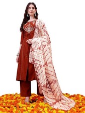 Women's Chinon Embroidered Straight Front Slit Kurta Palazzo  Organza Dupatta