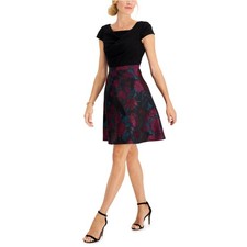 Adrianna Papell Black Cocktail Dress Floral Print Brocade Fit and Flare Size 8