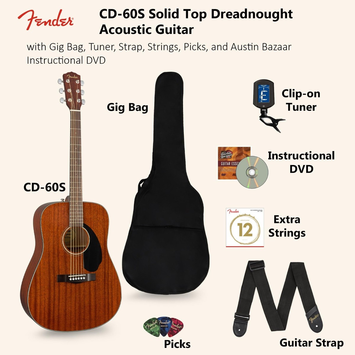 Fender CD-60S Solid Top Dreadnought Acoustic Guitar - All Mahogany
