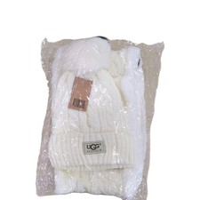 UGG Hat Beanie Cable Knit Faux Fur Pom With Matching Scarf Cream/Ivory Fur Lined