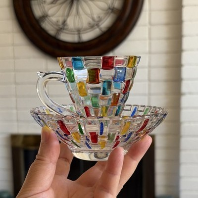 Vintage Colorful Mosaic Glass Tea Cup & Saucer Set Retro Coffee Cup