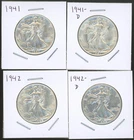 Lot of (4) Coins - 1941-P & D, 1942-P & D 90% Silver Walking Liberty Halves