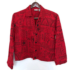 Chico's Embroidered Jacket Sz 1 US M/8 Red Black Artsy Boho