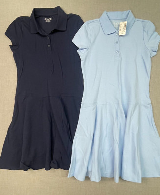 2pc Children's Place Girl's Navy and Light Blue Short Sleeve Polo Dress Large
