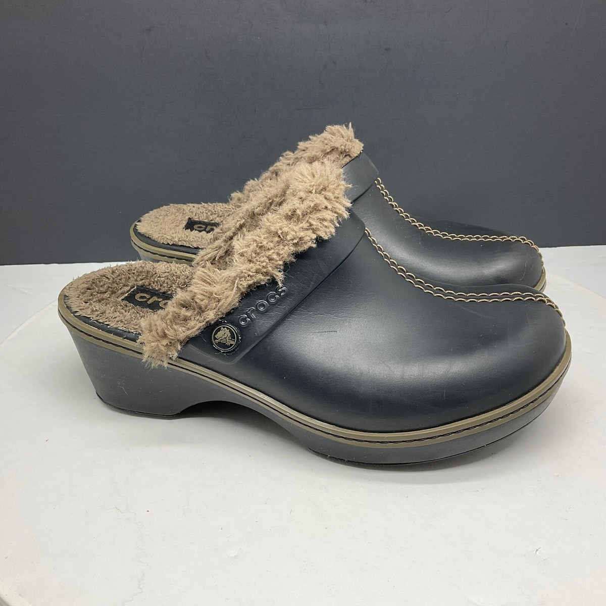 Crocs Shoes Women Cobbler Lined Faux Fur Clog Espresso Slip On Mule Pump  11552