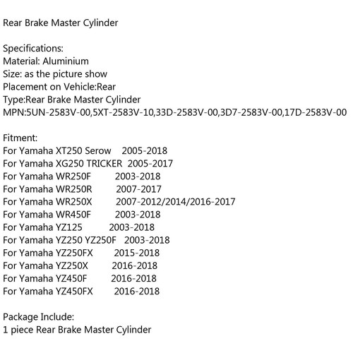 Rear Brake Master Cylinder 5UN-2583V-00 For Yamaha XT250 YZ125 YZ250 YZ450F - Picture 7 of 7