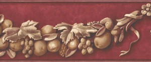 Wallpaper-Border-Faux-Tan-Plaster-Fruit-Garland-on-Red-Background