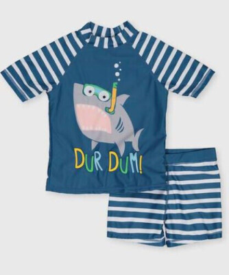 s_boy Boys 2 Piece Swim Set Shark Googly Eyes Swimming Rash Top Shorts