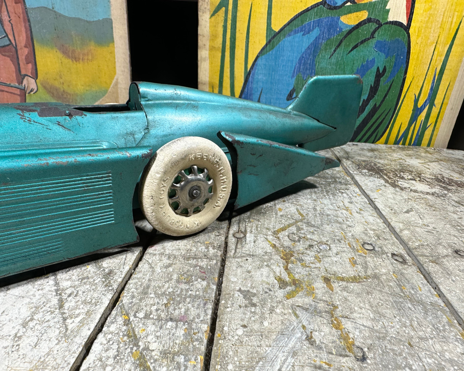 Antique Kingsbury Golden Arrow Race Car Tin Windup Toy RARE Green Paint