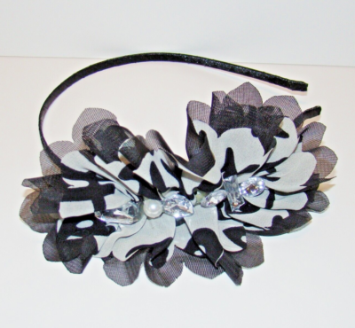 Black Pearl Detail Ruffle Fabric Headband French Connection Faux Black Pearl Fancy Padded Thick  main image 3