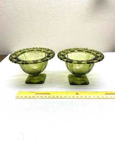 Pair Of Vintage Indiana Lorain Glass Green Open Lace Rim Footed Candy Dish Bowl