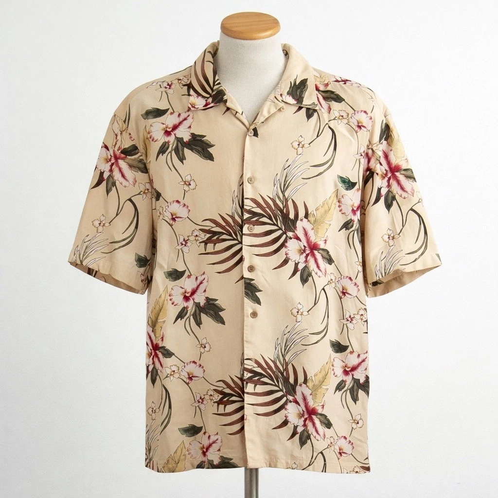 KulaKula Button Down Shirt Mens L Yellow Silk Floral Tropical Aloha Camp Top