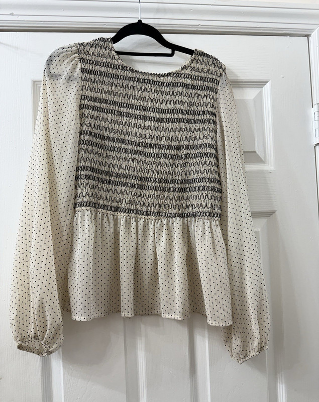 MINE L Cream Black Polka Dot Smocked Peplum Keyhole Balloon Sleeve Blouse
