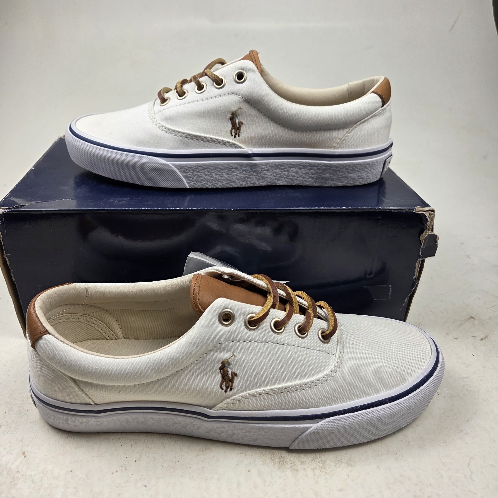 Polo Ralph Lauren Keaton Pony Sneakers in Tela Bianca Righe Blu Uomo Taglia 8 D