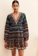 Farm Rio Anthropologie Printed V-Neck Tunic Dress L Boho EUC