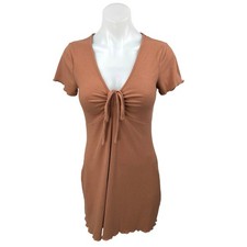 Nordstrom BP Brown Rib Knit Short Sleeve V-Neck Ruched Tie Mini Bodycon Dress S