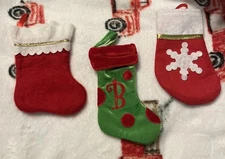 Lot Of 3 Mini Christmas Holiday Stockings - “B” Green Velvet Dots Red Snowflake