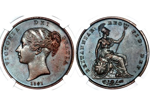 1841 Queen Victoria Great Britain London Copper One Penny NGC MS62 BN