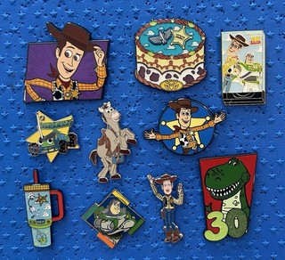 Disney 10 Pin Lot Toy Story Woody Buzz Cake VHS Tape Stanley Rex Bullseye RC