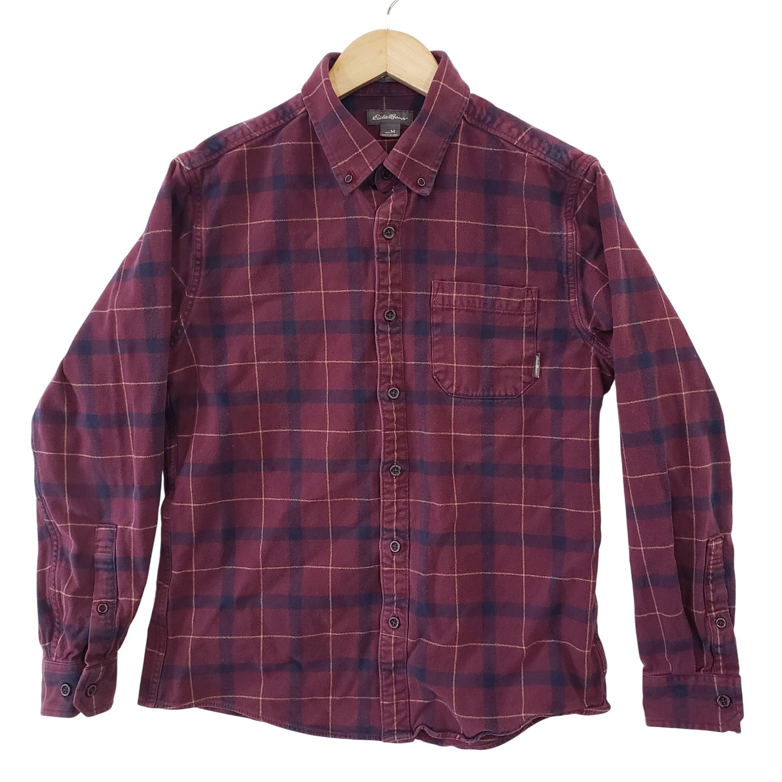 Eddie Bauer Flannel Shirt Mens Medium Burgundy Plaid Classic Fit Cotton Gorpcore