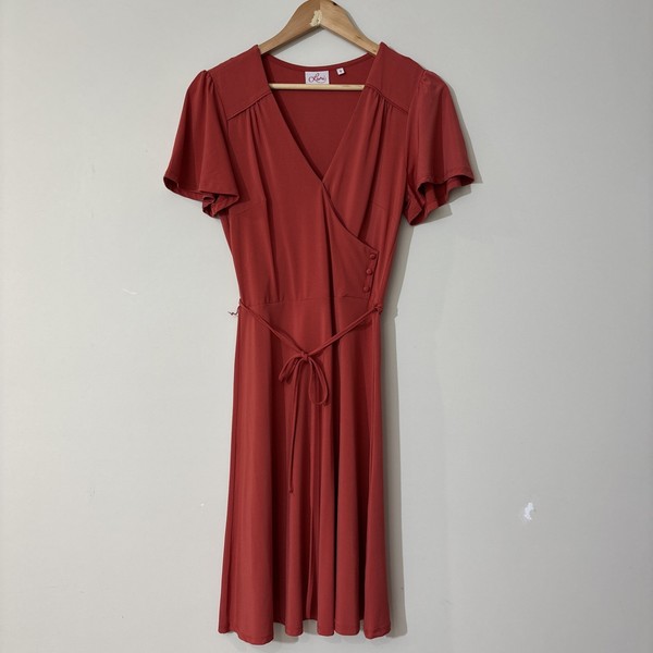 LEONA by Leona Edmiston Midi Fit & Flare Dress Women's Sz 8 Faux Wrap Capsule