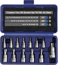 WORKPRO 13PC Torx Bit Socket Set 1/4" 3/8" 1/2" Drive T8-T60 Torx Bit Socket Set