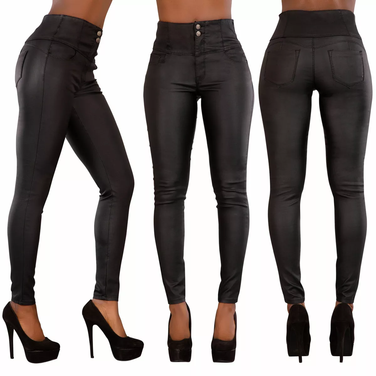 WOMEN Real LEATHER LEGGINGS BLACK TROUSERS JEANS with button and pockets