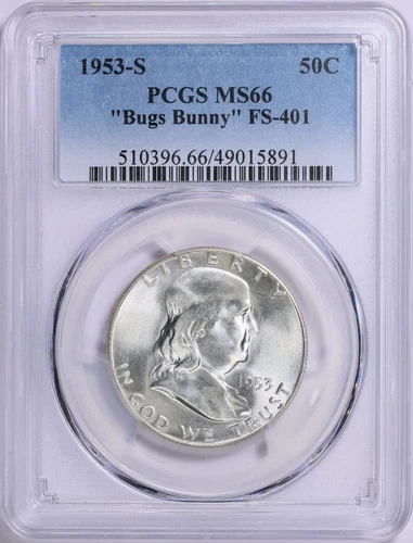 1953-S Franklin Silver Half Dollar PCGS MS-66 Bugs Bunny FS-401 Mint Error