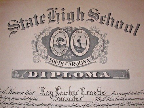 Historisches Dokument 1943 State High School Diploma South Carolina Originalpapier