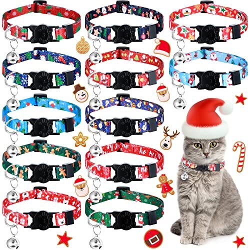 12 PCS Christmas Cat Collar Thanksgiving Breakaway Cat Collars with Bell Santa - Picture 1 of 7